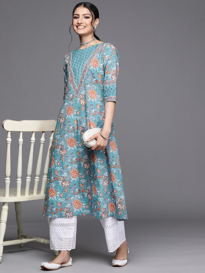 Blue Printed Cotton Kurta - ShopLibas