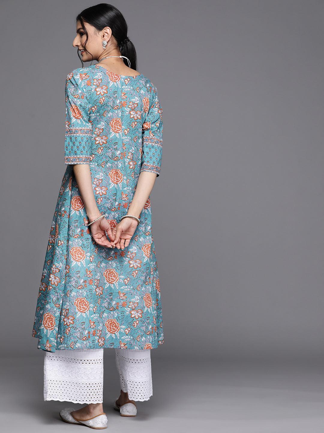 Blue Printed Cotton Kurta - ShopLibas