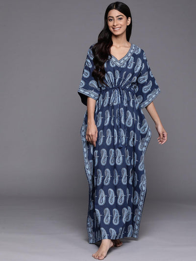 Blue Printed Cotton Night Dress - ShopLibas
