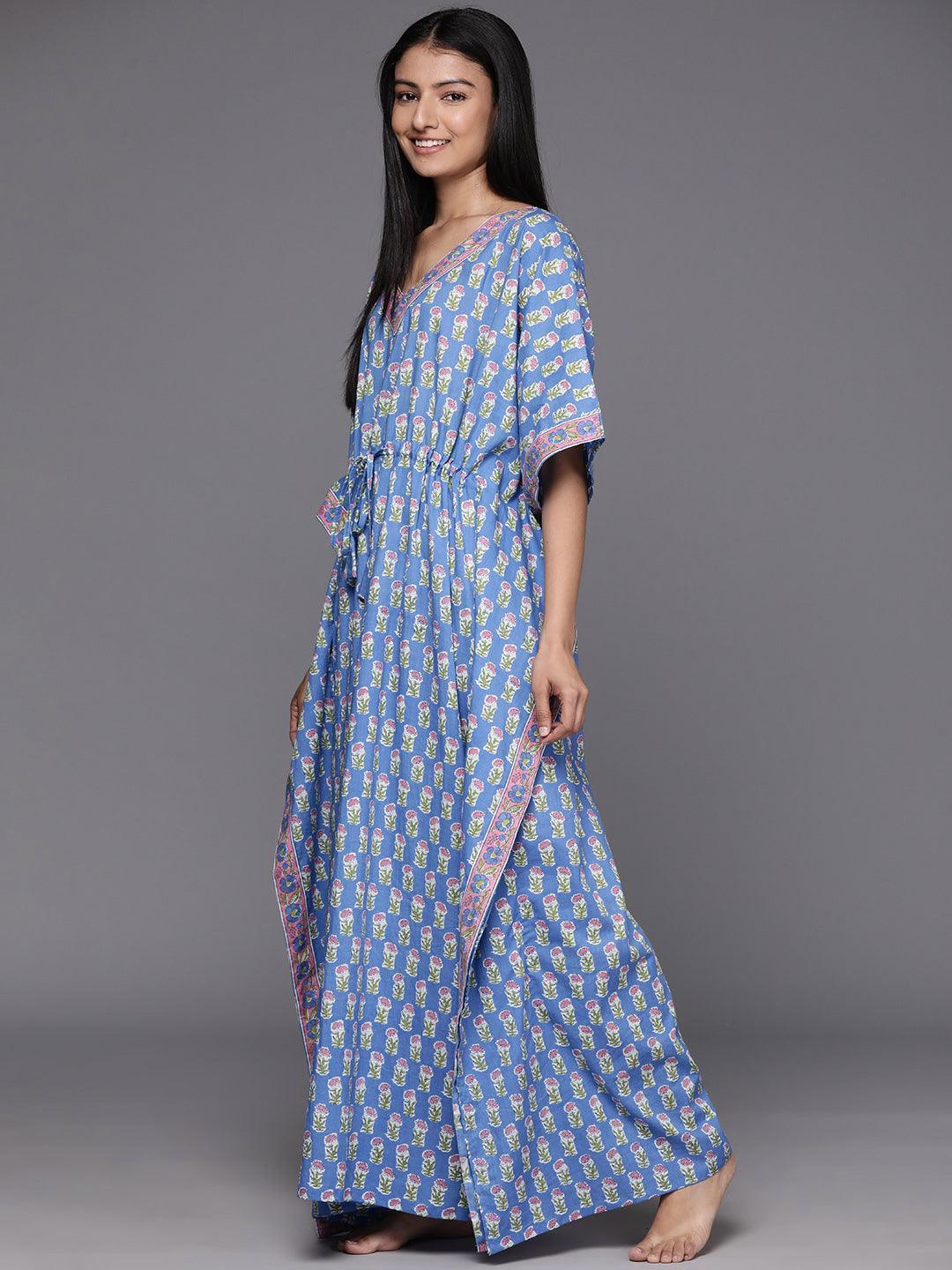 Blue Printed Cotton Night Dress - Libas 
