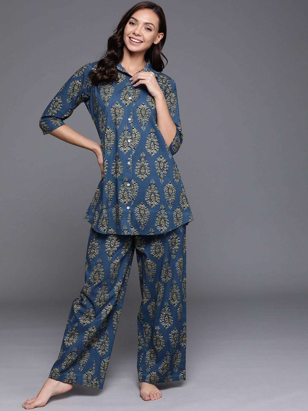Blue Printed Cotton Night Suit - ShopLibas