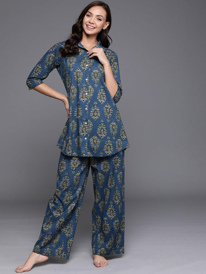 Blue Printed Cotton Night Suit - ShopLibas