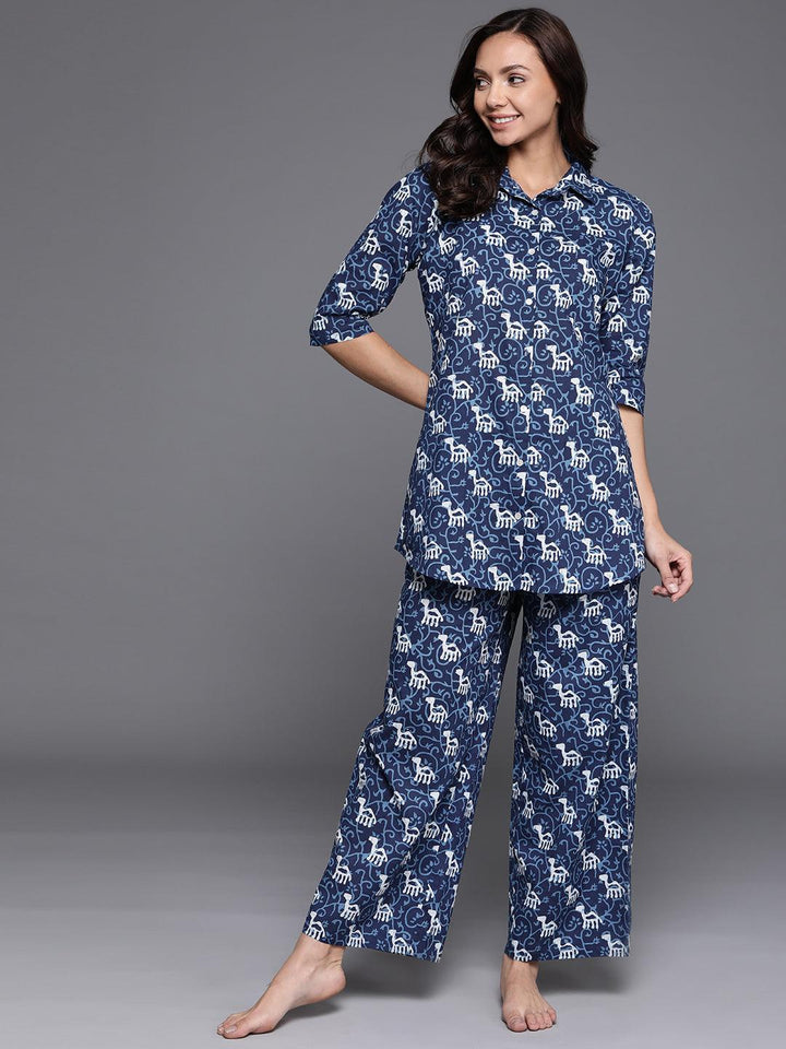 Blue Printed Cotton Night Suit - ShopLibas