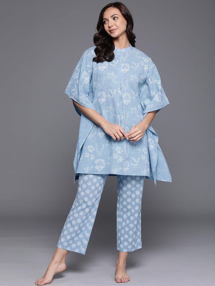 Blue Printed Cotton Night Suit - ShopLibas
