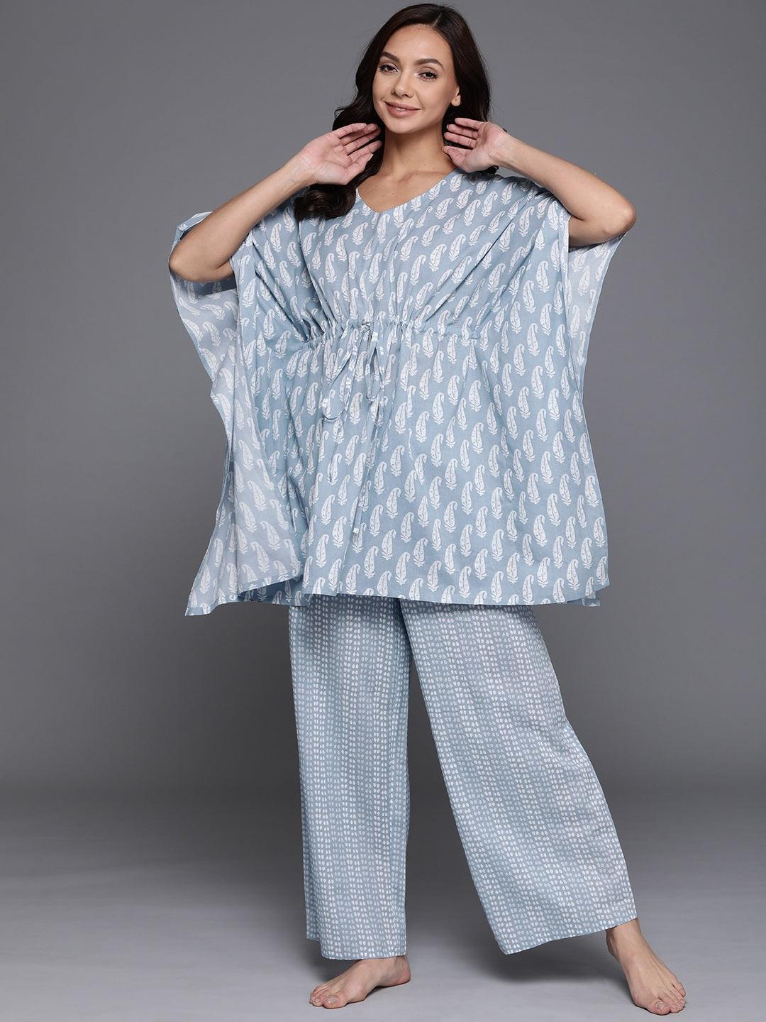 Blue Printed Cotton Night Suit - ShopLibas