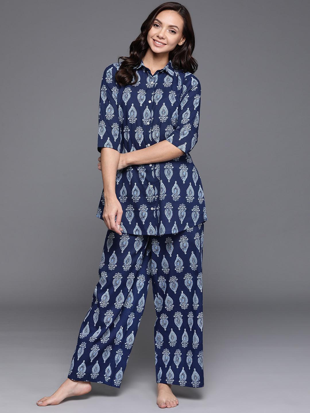 Blue Printed Cotton Night Suit - ShopLibas
