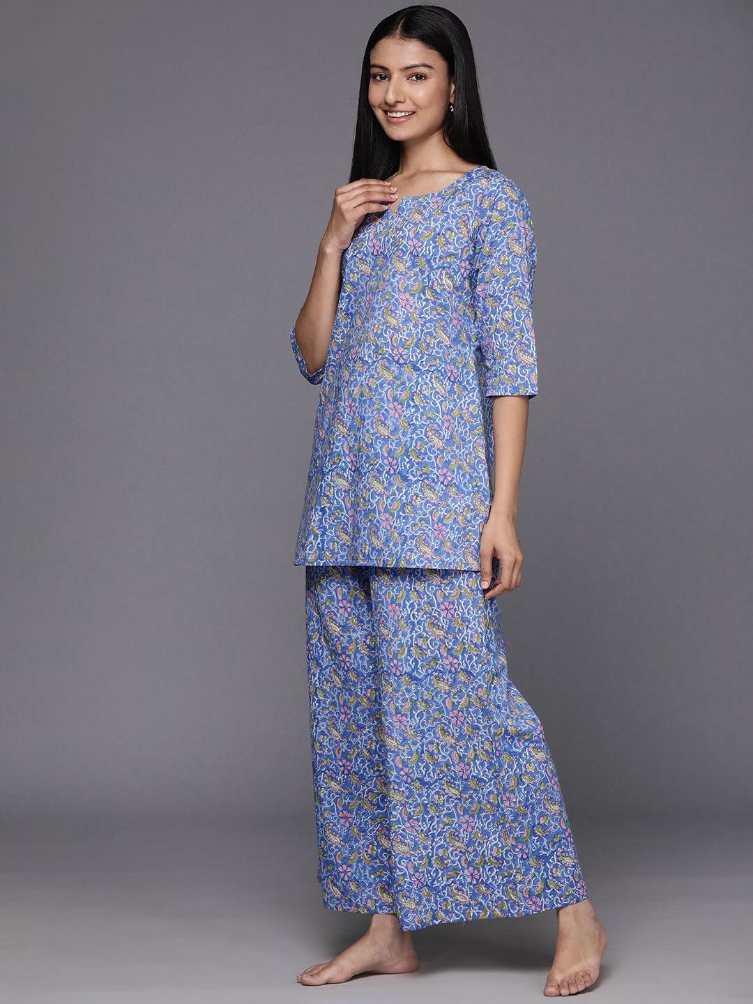 Blue Printed Cotton Night Suit - Libas 