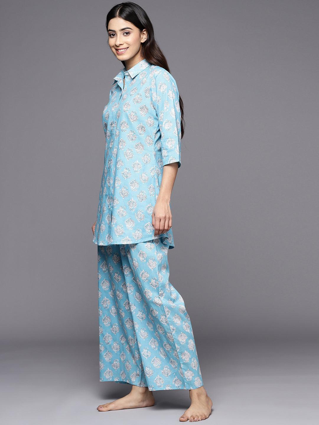 Blue Printed Cotton Night Suit - ShopLibas 