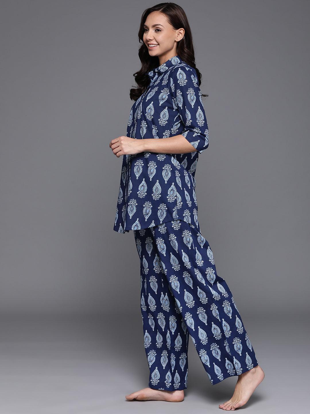 Blue Printed Cotton Night Suit - ShopLibas 