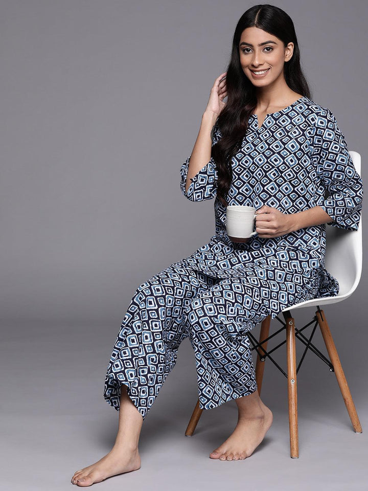 Blue Printed Cotton Night Suit