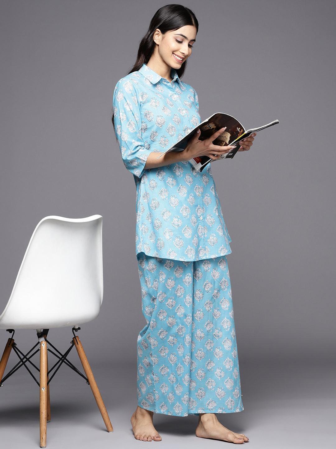 Blue Printed Cotton Night Suit - ShopLibas 