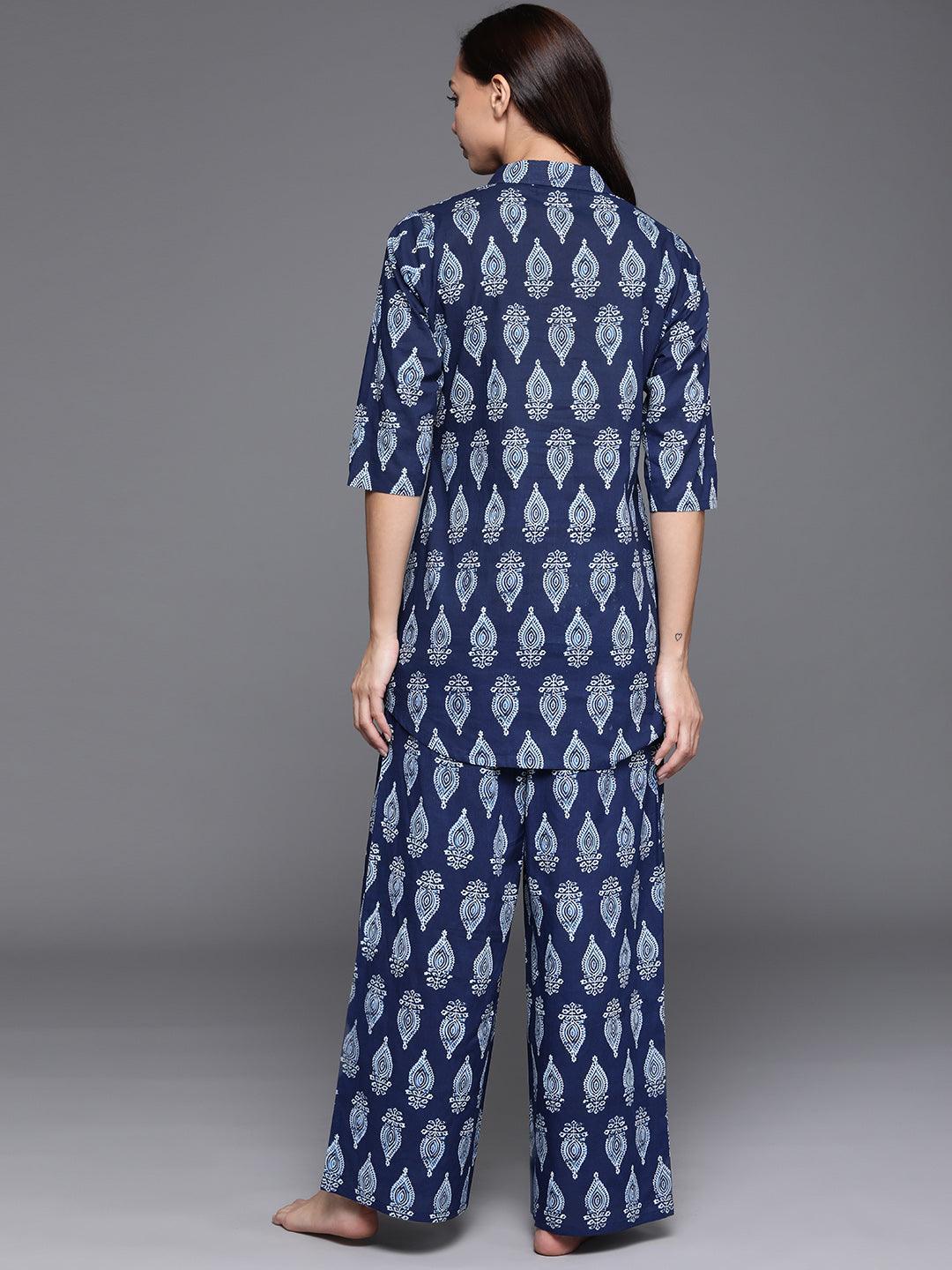 Blue Printed Cotton Night Suit - ShopLibas 