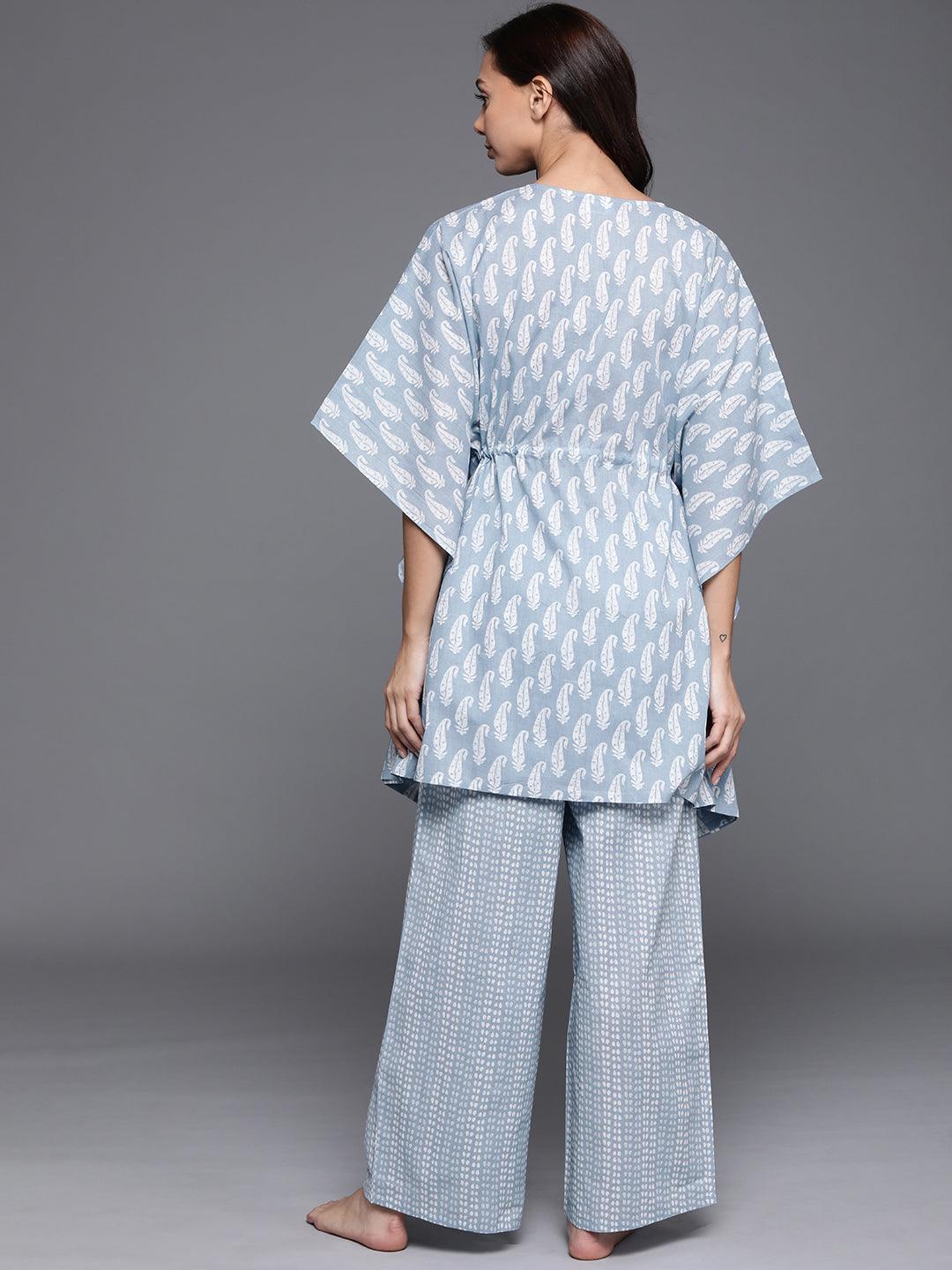 Blue Printed Cotton Night Suit - ShopLibas 