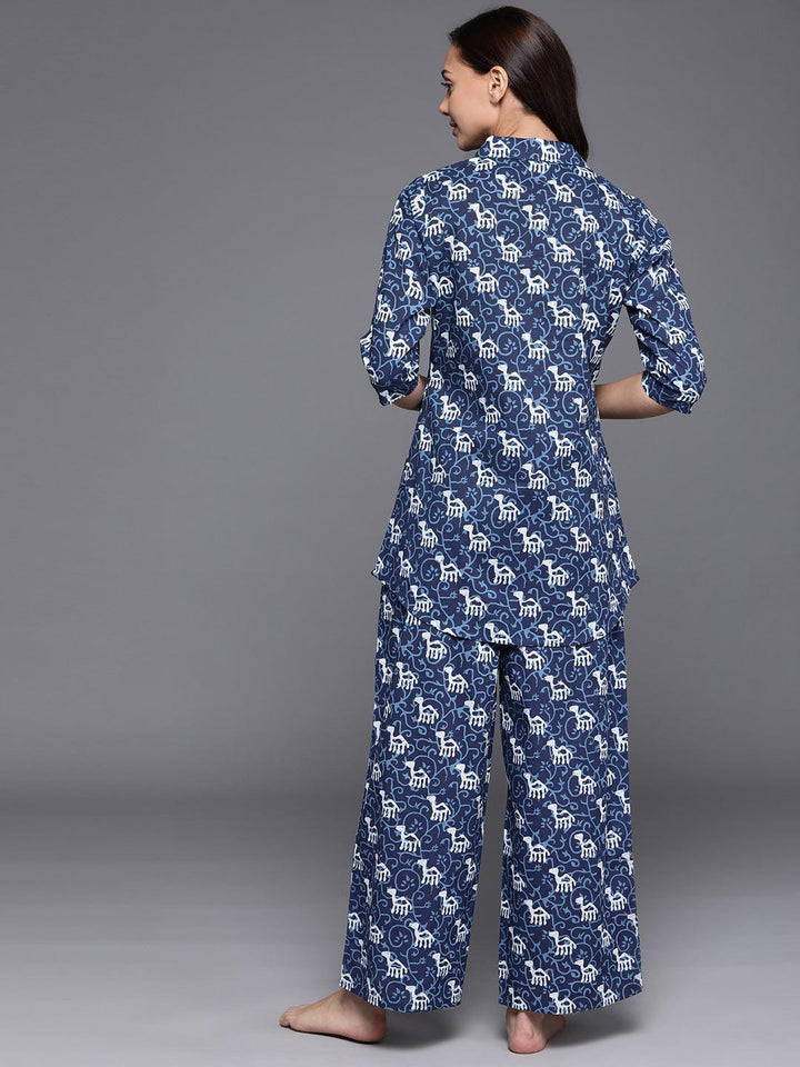 Blue Printed Cotton Night Suit - ShopLibas