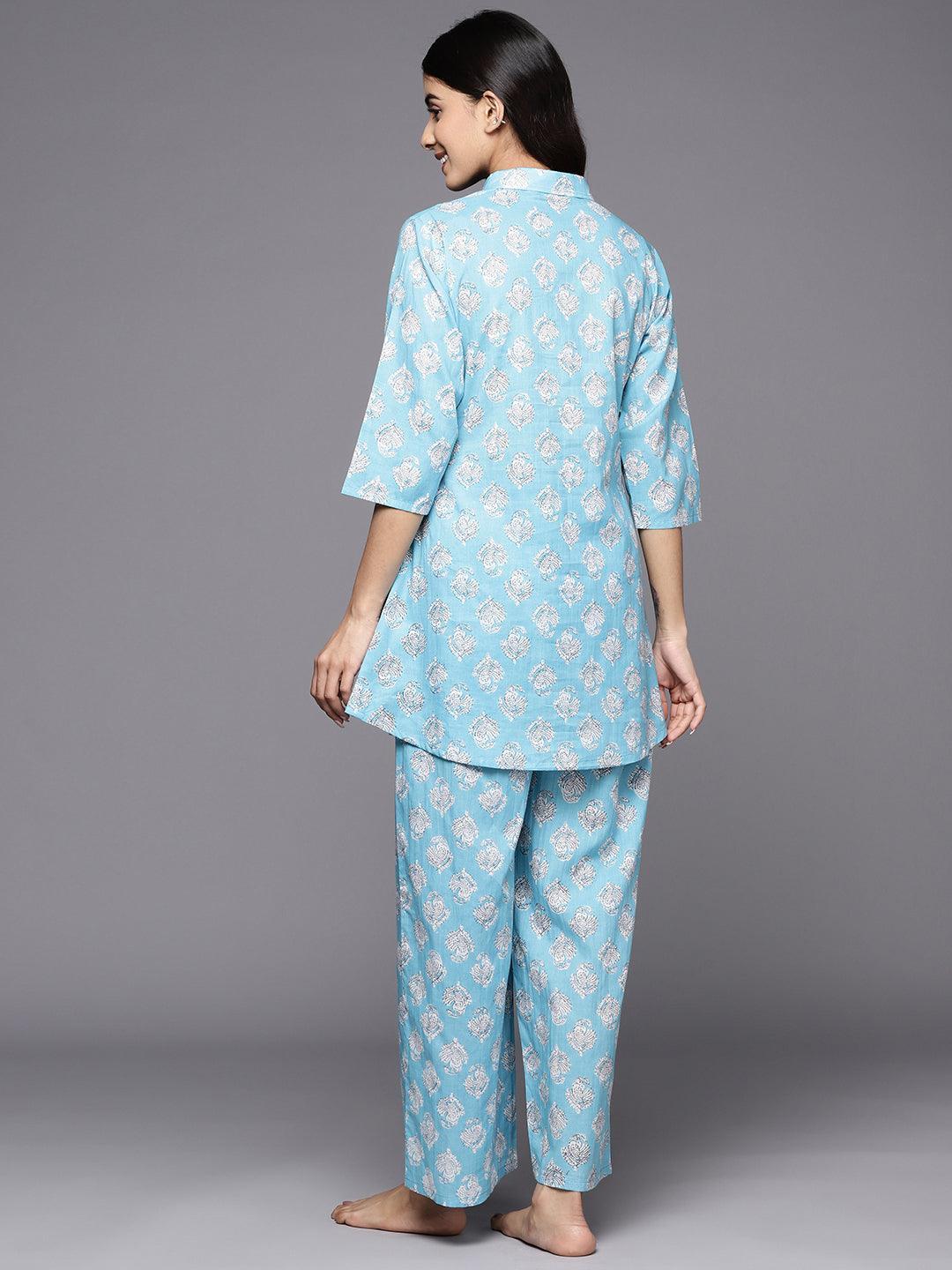 Blue Printed Cotton Night Suit - ShopLibas 