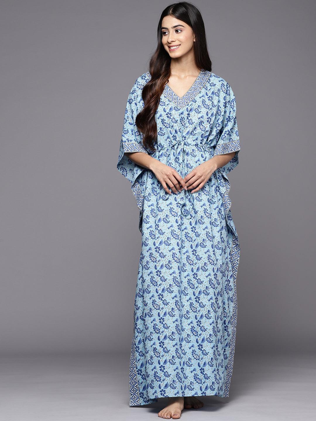 Blue Printed Cotton Nightdress - ShopLibas