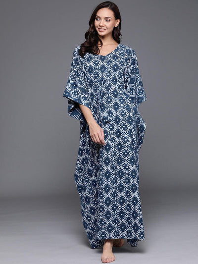Blue Printed Cotton Nightdress - ShopLibas