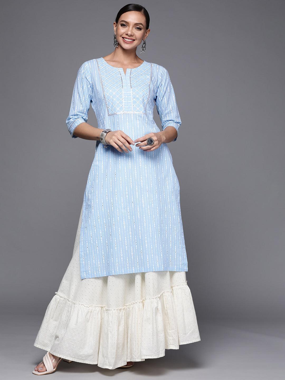 Blue Printed Cotton Straight Kurta - ShopLibas