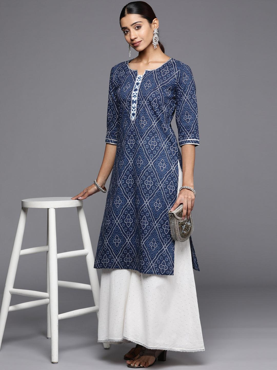 Blue Printed Cotton Straight Kurta - ShopLibas