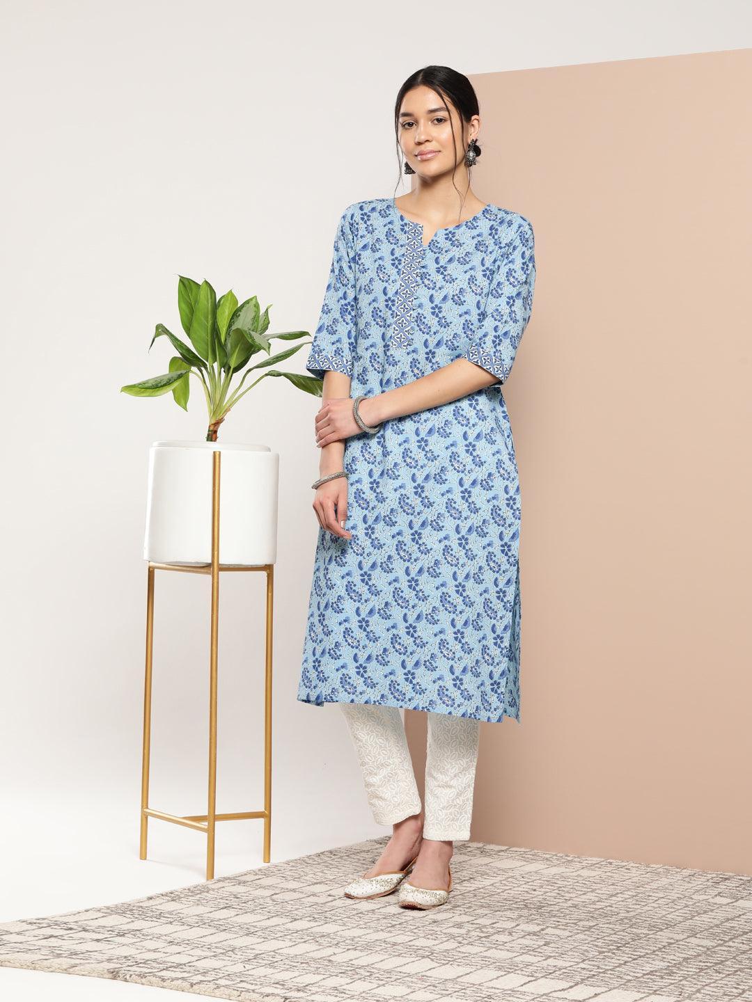 Blue Printed Cotton Straight Kurta - ShopLibas