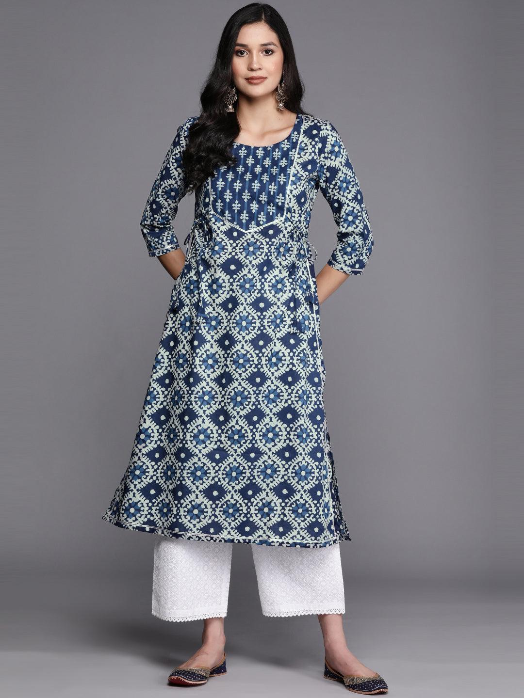 Blue Printed Cotton Straight Kurta - ShopLibas