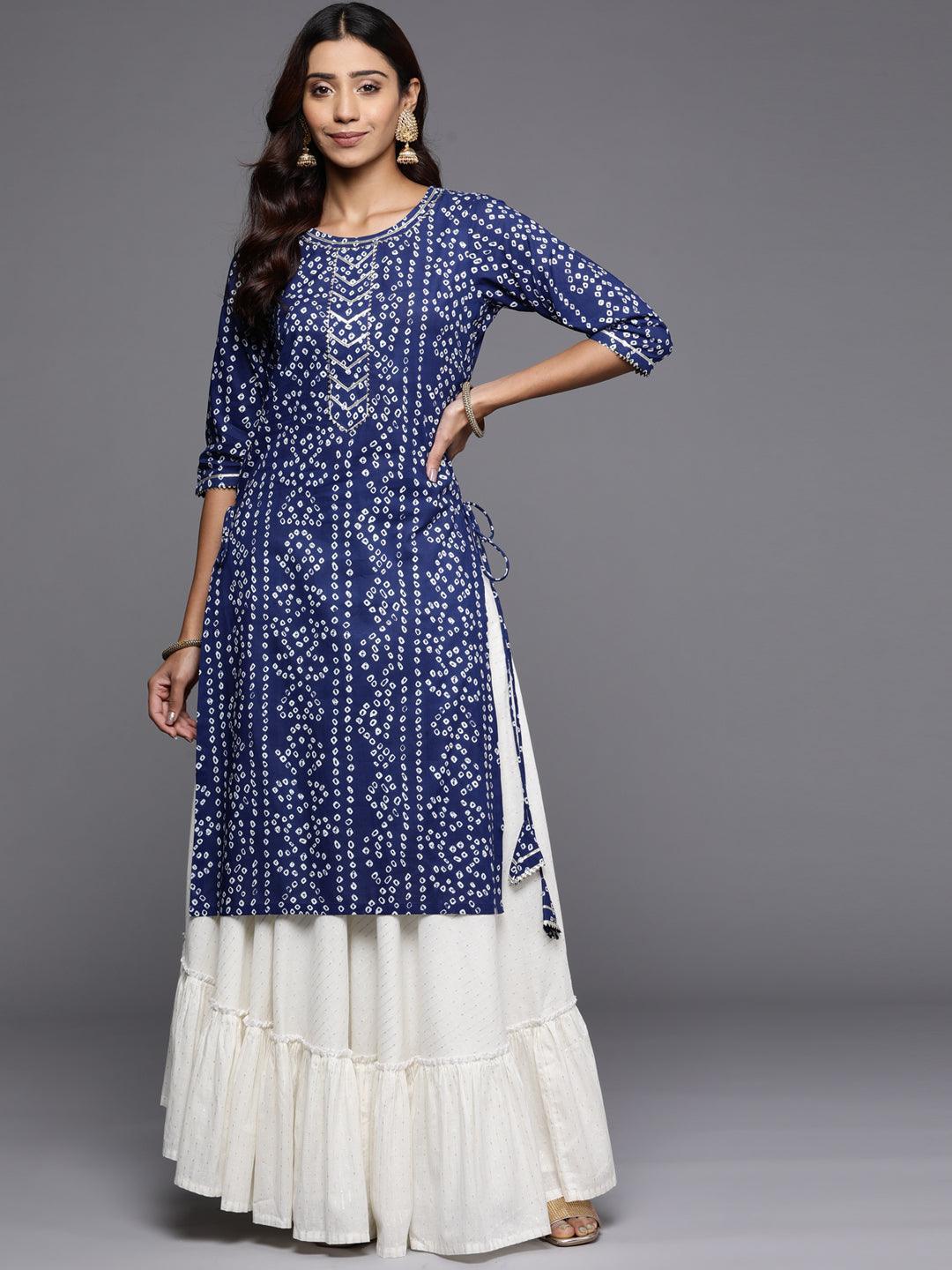 Blue Printed Cotton Straight Kurta - ShopLibas
