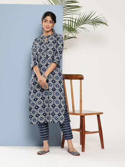 Buy Indigo Print Cotton Sleeveless Kurti Set Online in India | Colorauction