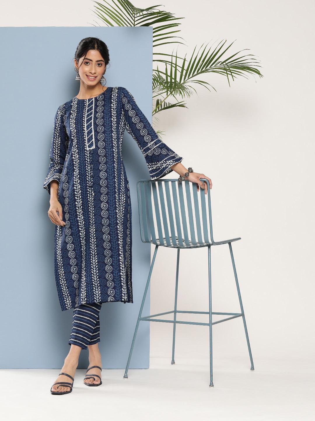Blue Printed Cotton Straight Kurta - ShopLibas