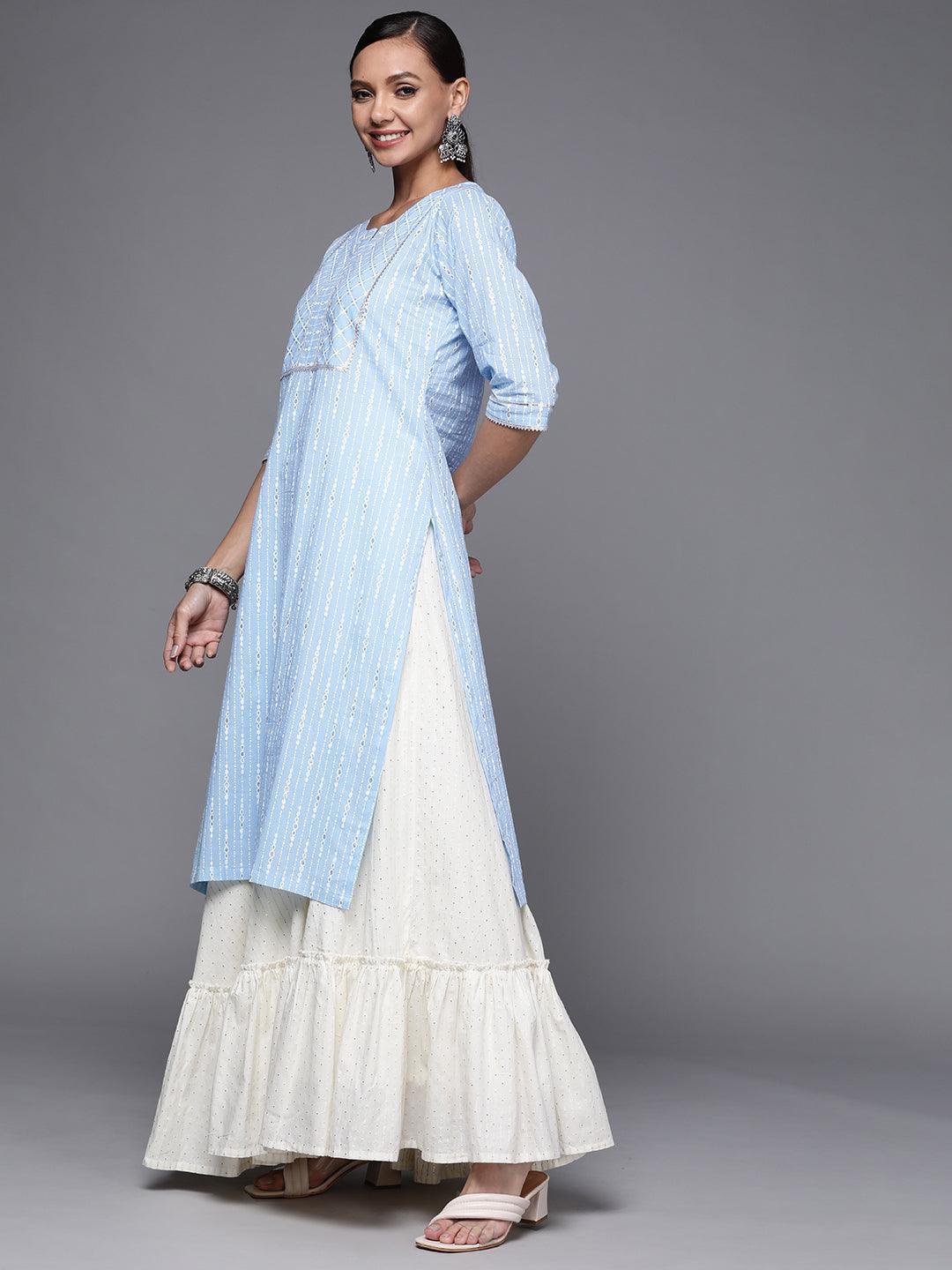 Blue Printed Cotton Straight Kurta - ShopLibas