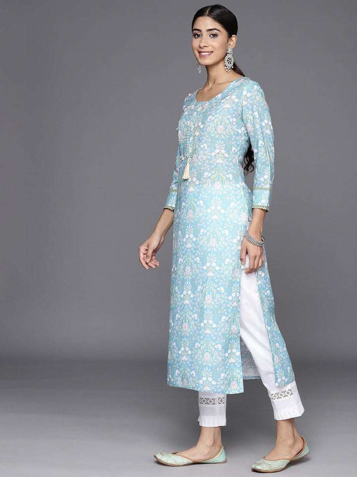 Blue Printed Cotton Straight Kurta