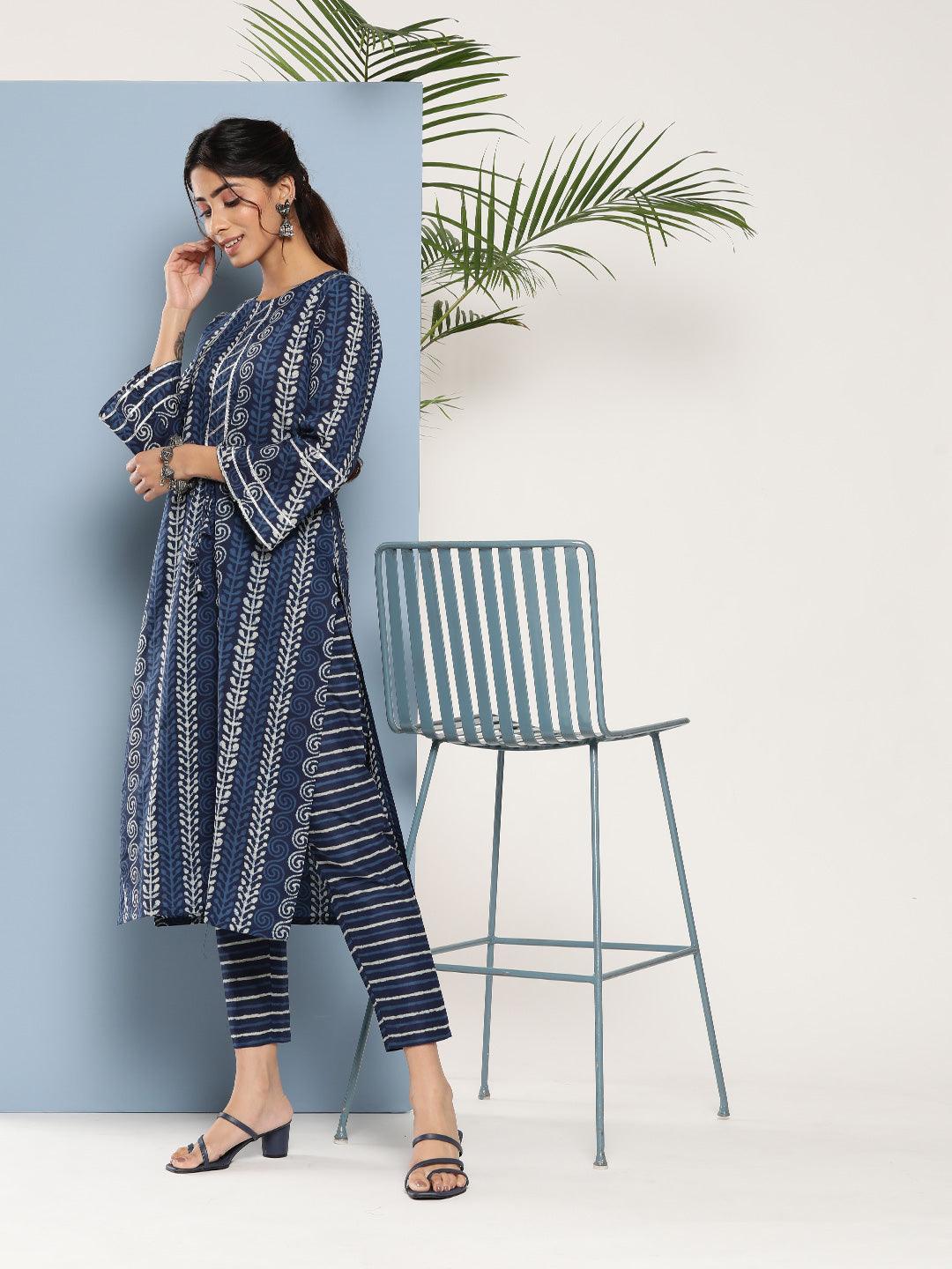 Blue Printed Cotton Straight Kurta - ShopLibas 