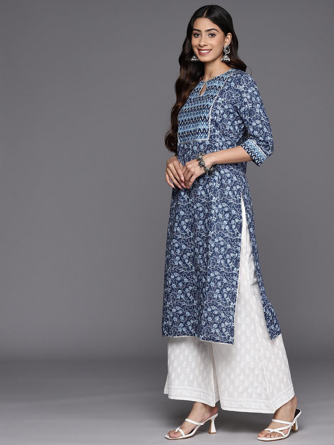 Blue Printed Cotton Straight Kurta - ShopLibas 