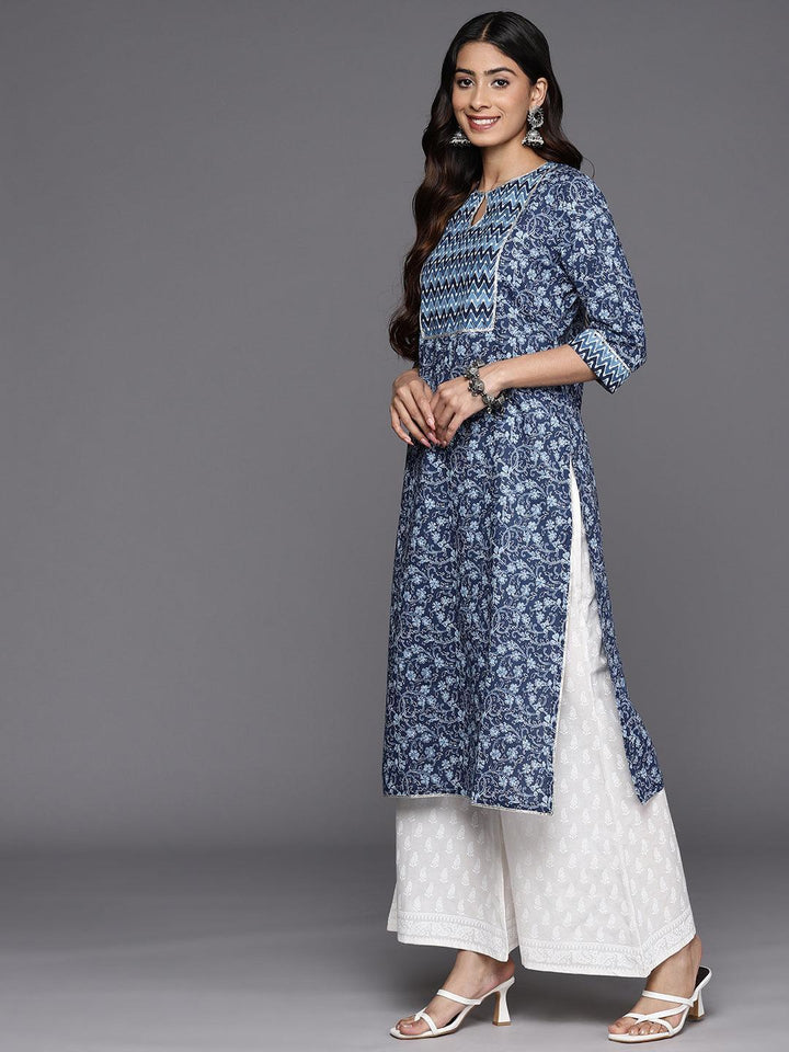 Blue Printed Cotton Straight Kurta