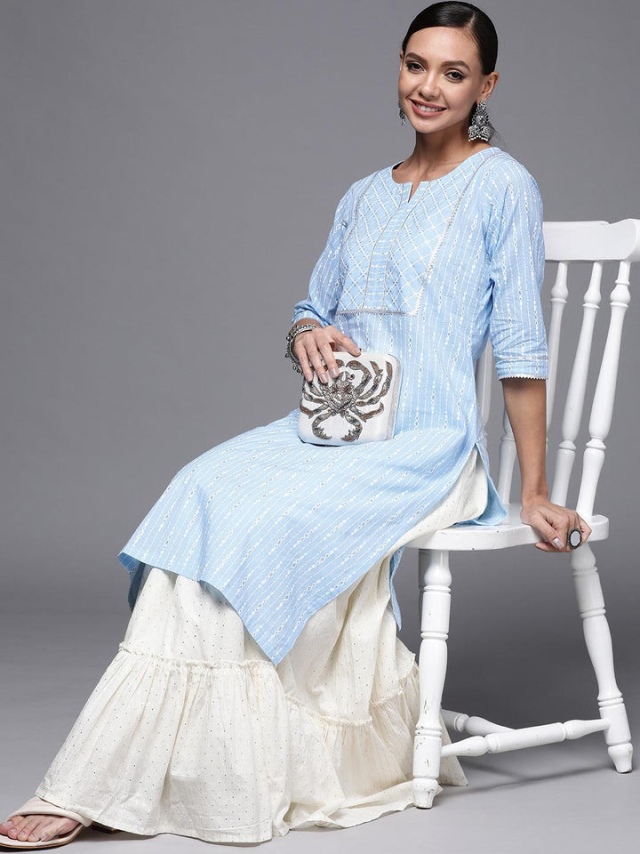 Blue Printed Cotton Straight Kurta - ShopLibas