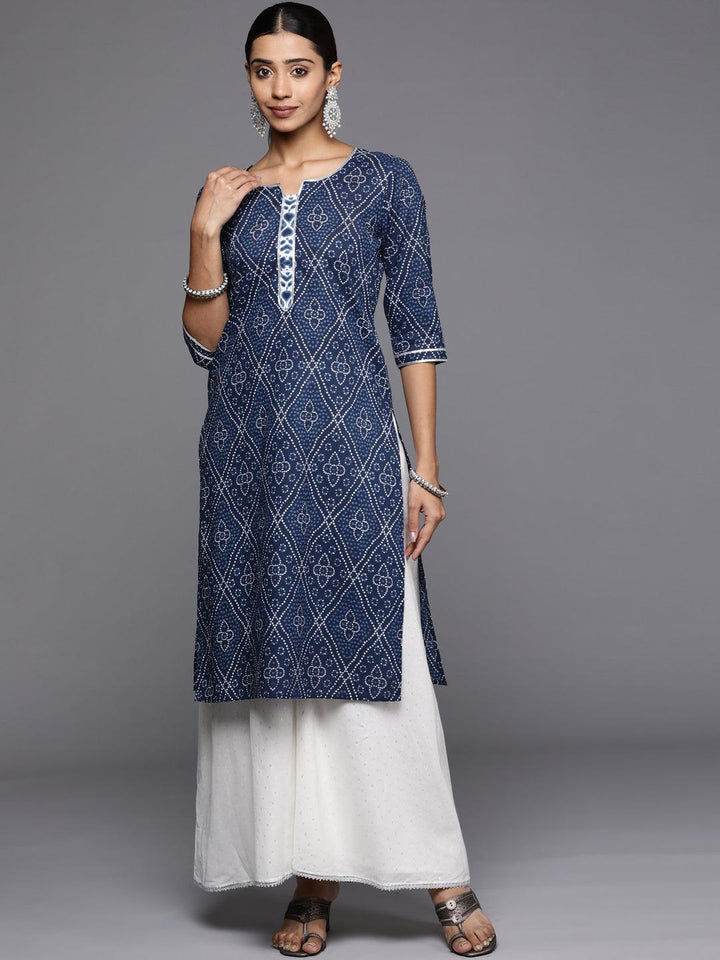 Blue Printed Cotton Straight Kurta - ShopLibas