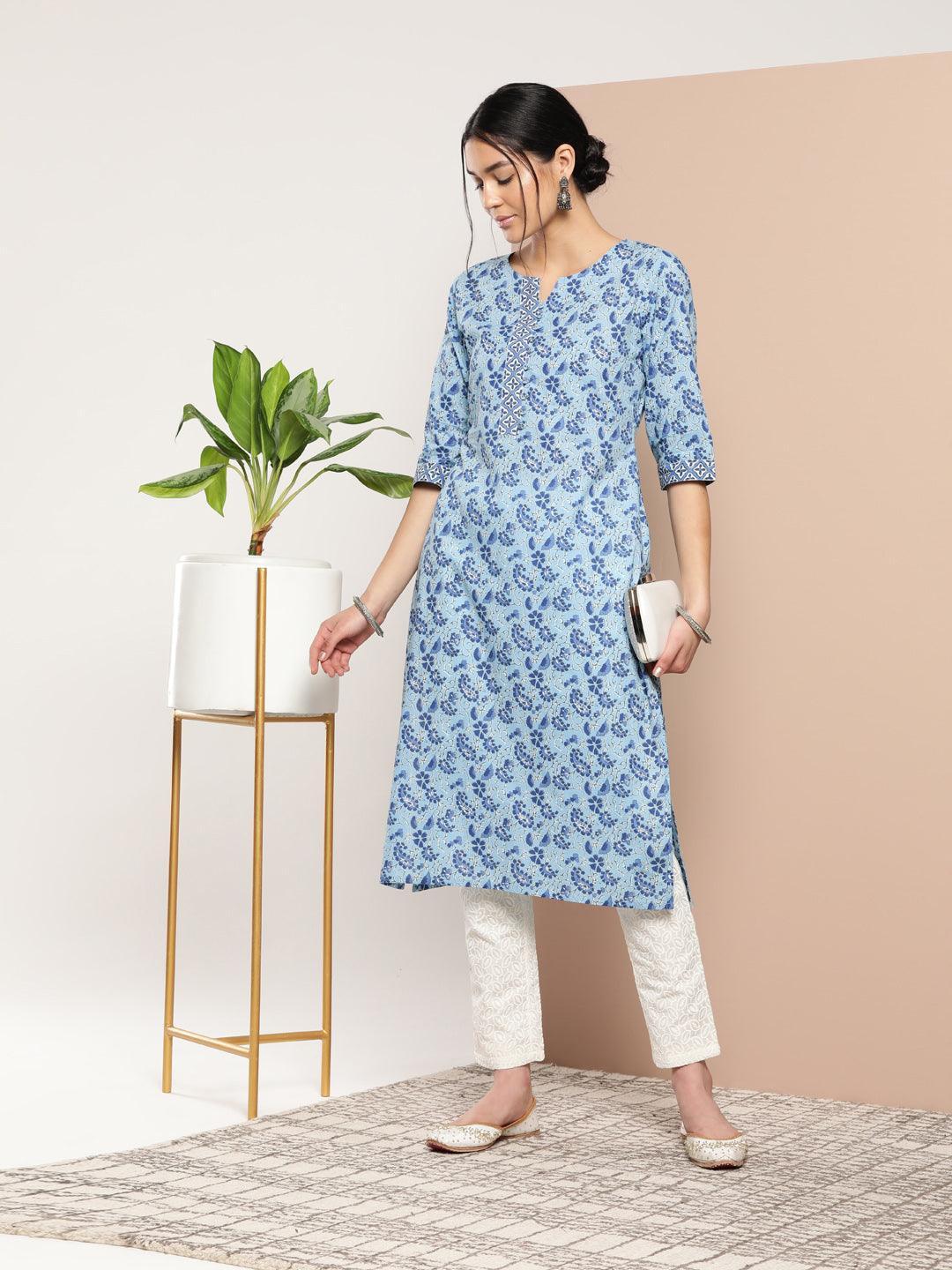 Blue Printed Cotton Straight Kurta - ShopLibas 