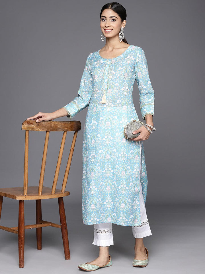 Blue Printed Cotton Straight Kurta
