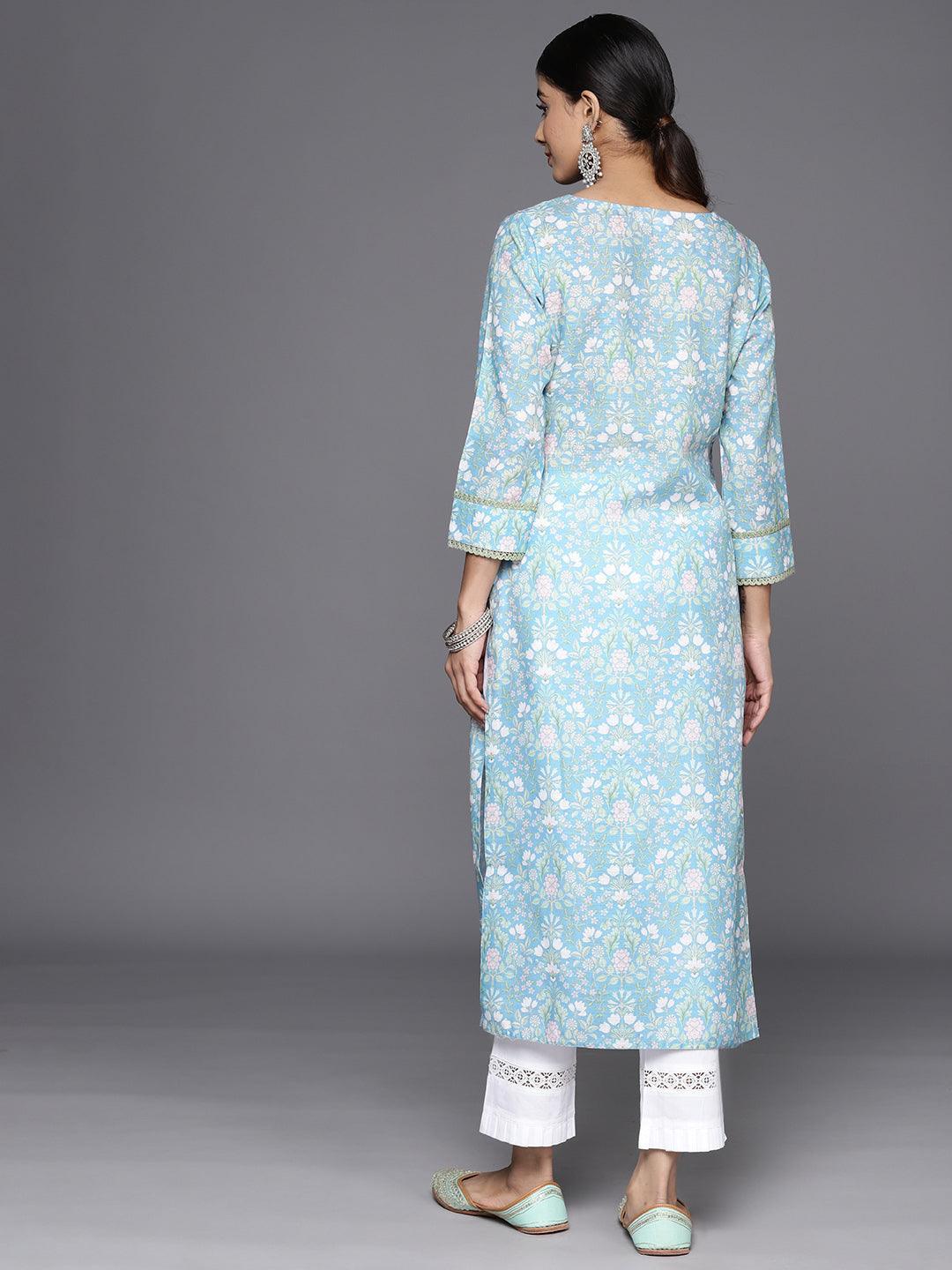 Blue Printed Cotton Straight Kurta - Libas 