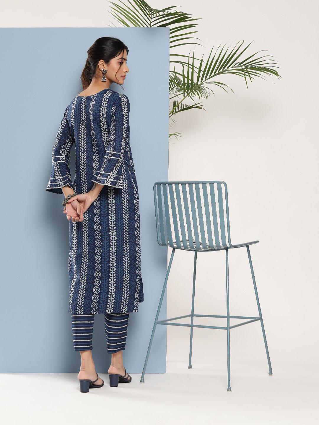 Blue Printed Cotton Straight Kurta - ShopLibas 