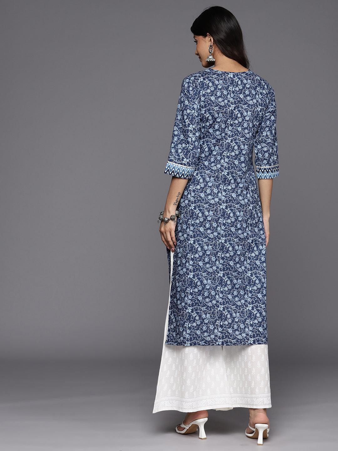 Blue Printed Cotton Straight Kurta - ShopLibas 