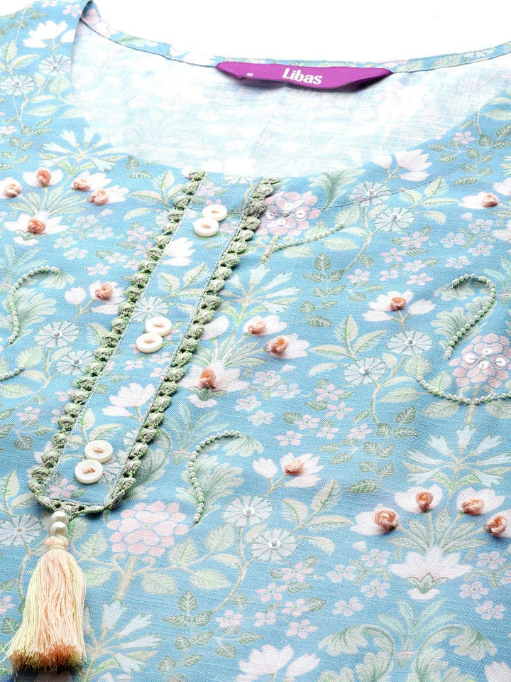 Blue Printed Cotton Straight Kurta