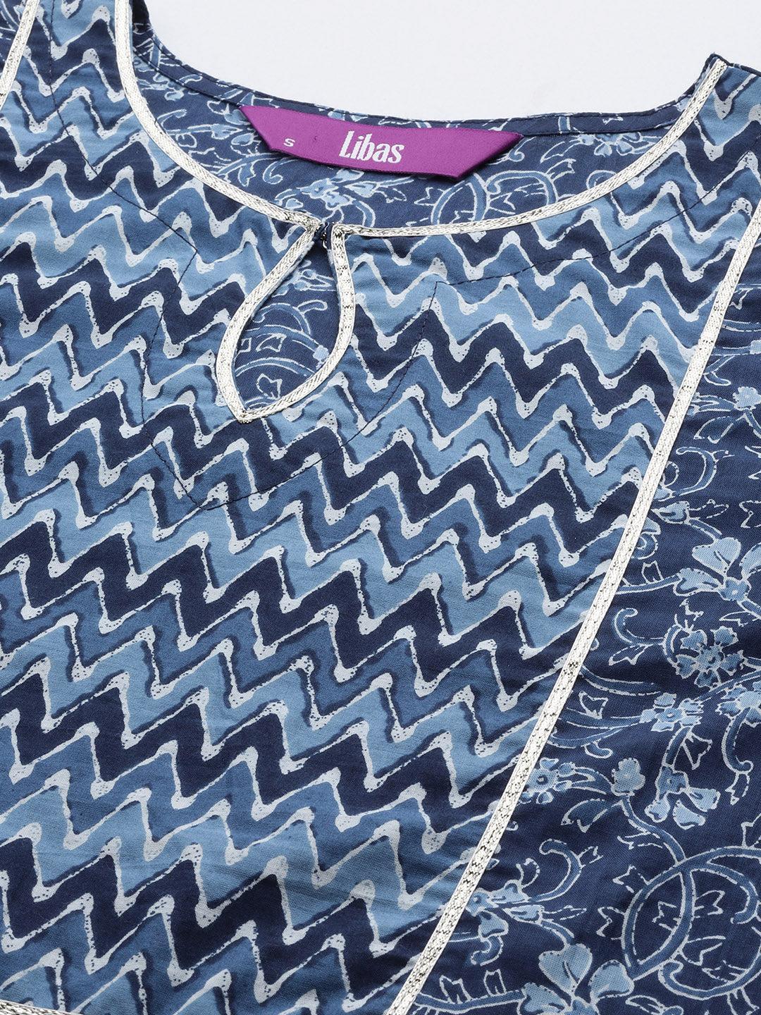 Blue Printed Cotton Straight Kurta - ShopLibas 