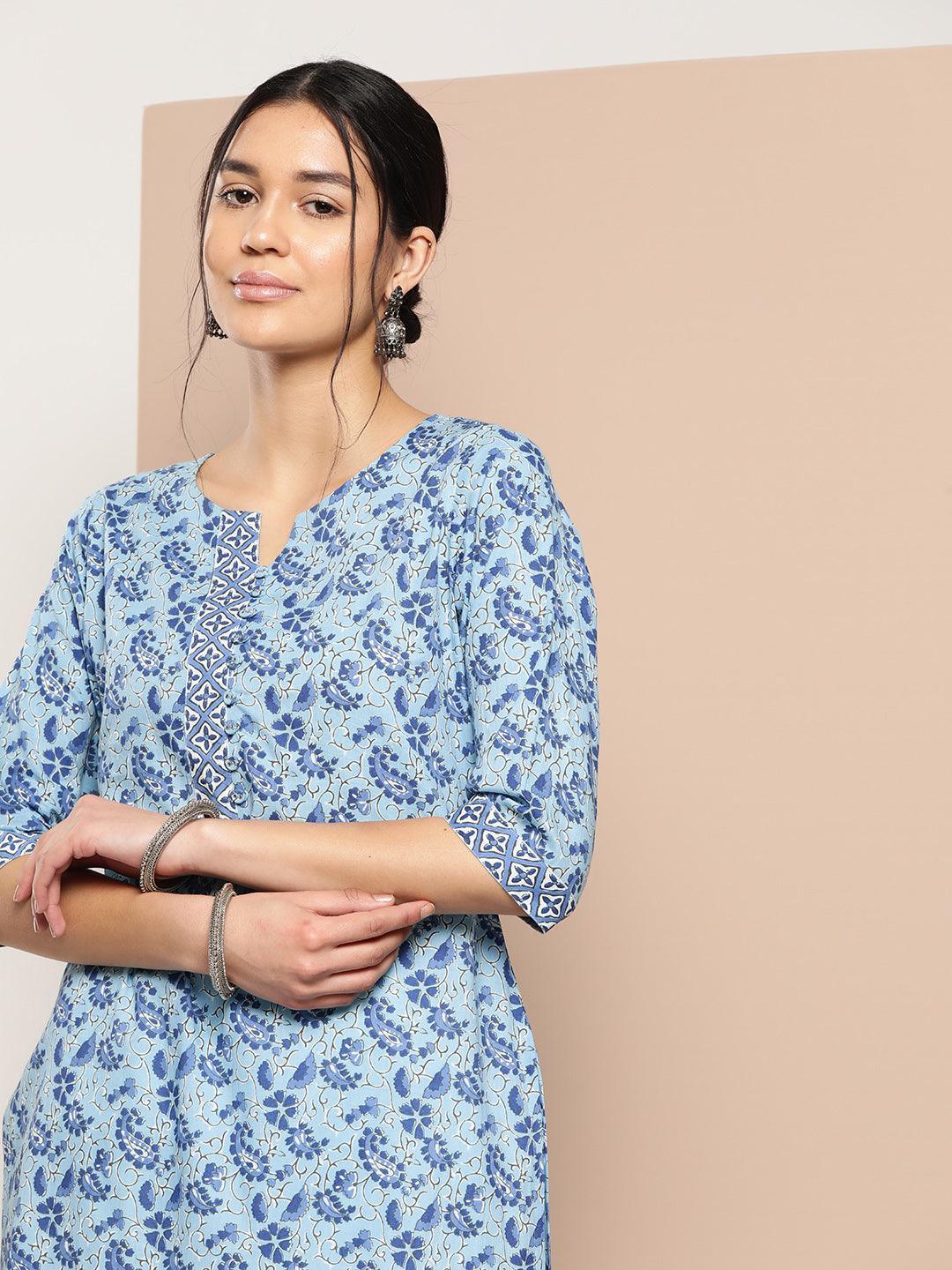 Blue Printed Cotton Straight Kurta - ShopLibas 