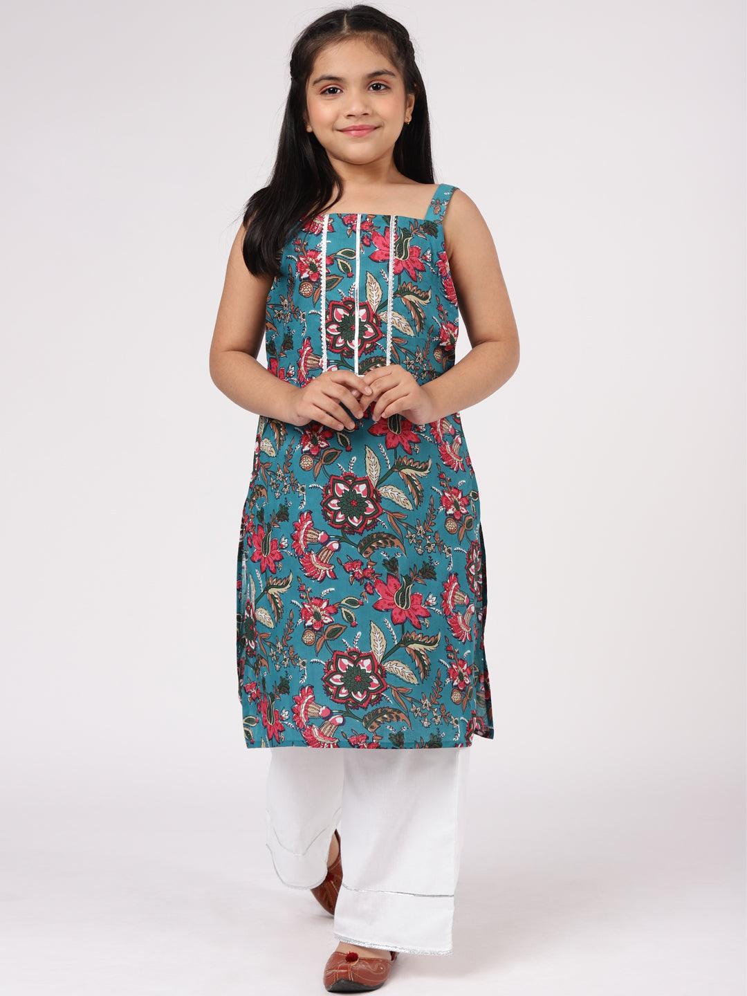 Blue Printed Cotton Straight Kurta Set - ShopLibas