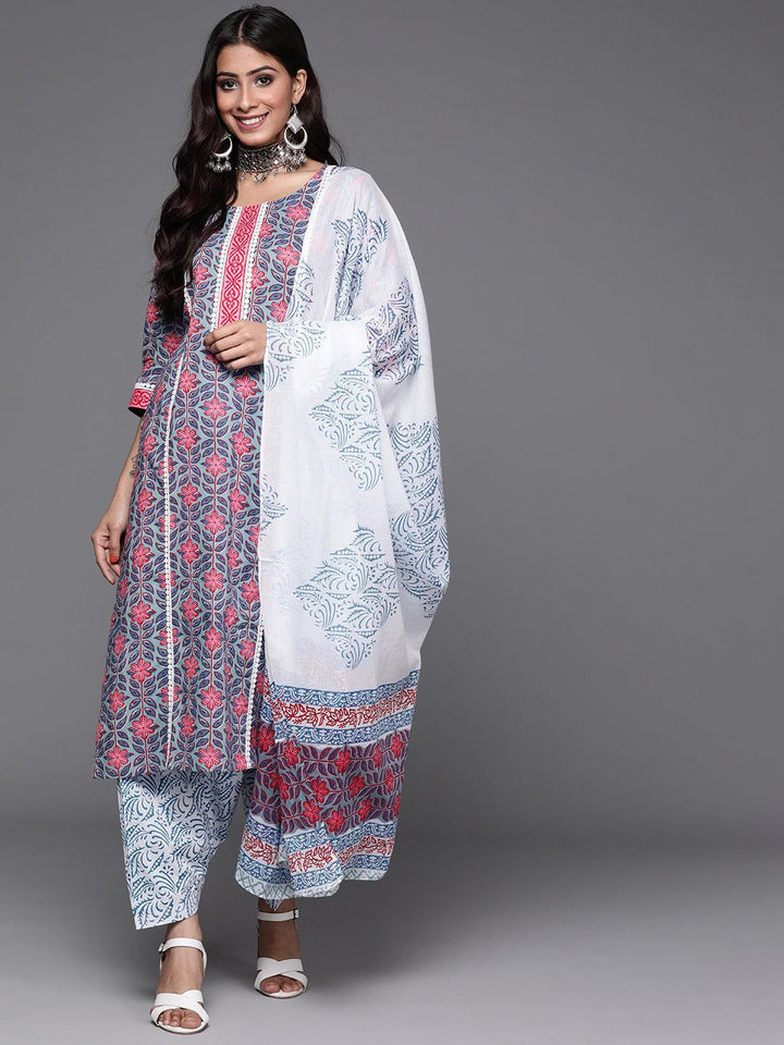 Blue Printed Cotton Suit Set - ShopLibas