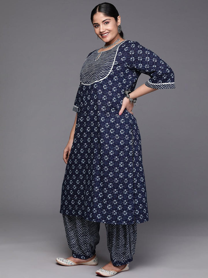 Blue Printed Cotton Straight Kurta With Salwar & Dupatta