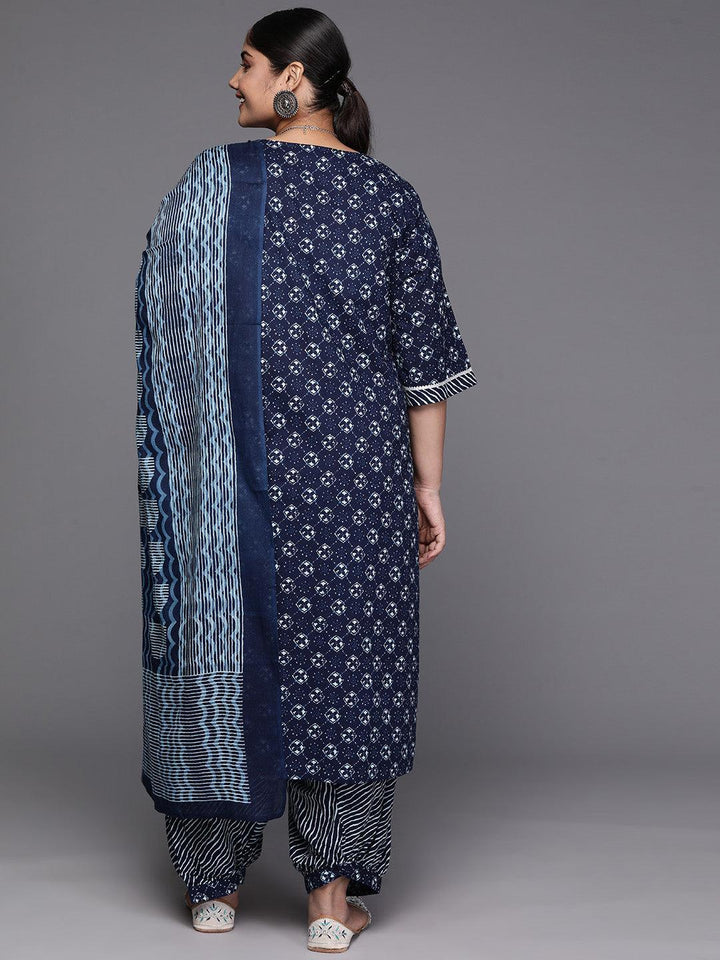 Blue Printed Cotton Straight Kurta With Salwar & Dupatta