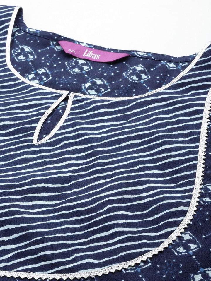 Blue Printed Cotton Straight Kurta With Salwar & Dupatta