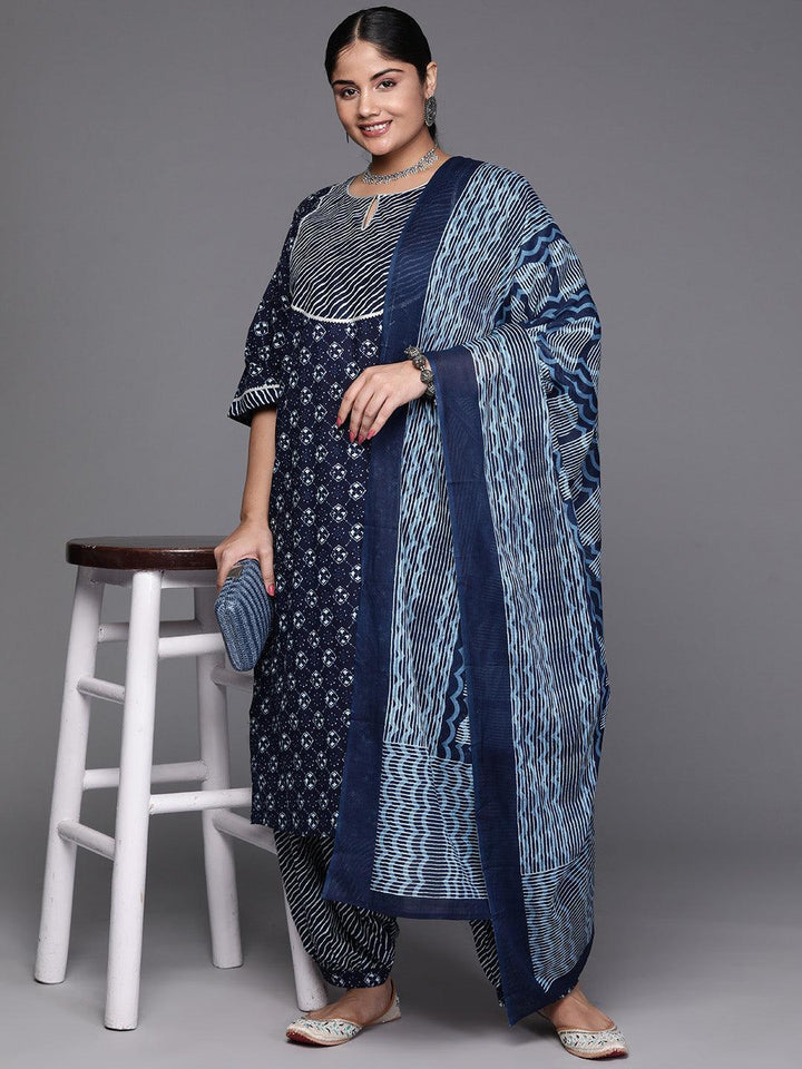 Blue Printed Cotton Straight Kurta With Salwar & Dupatta