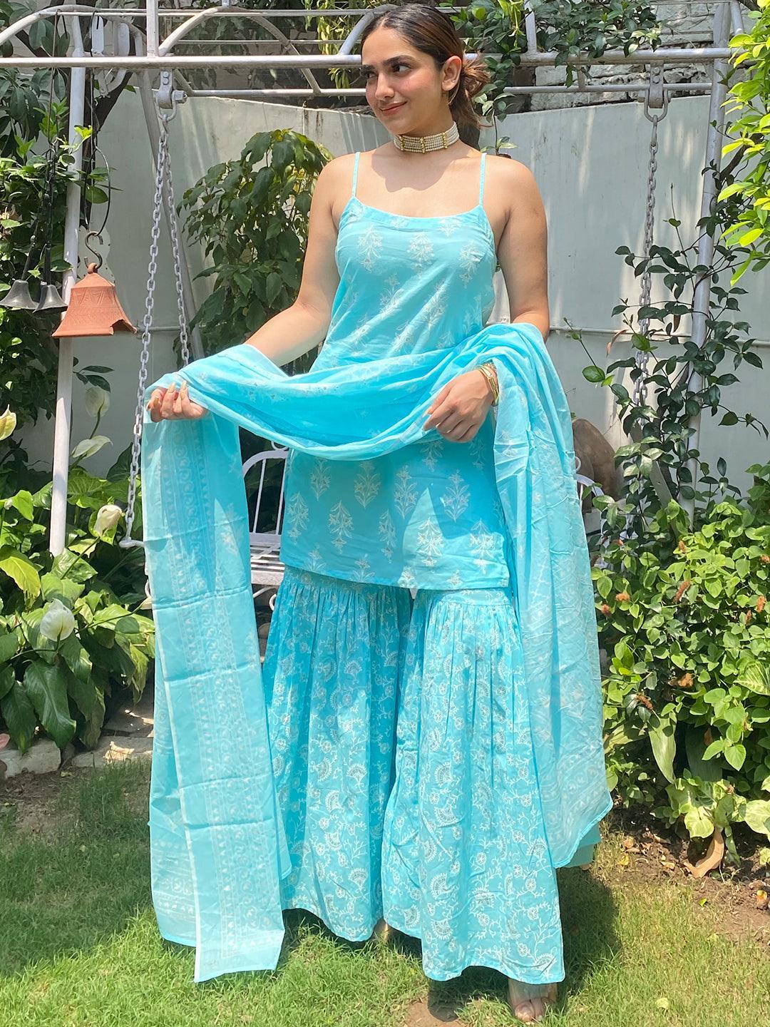 Blue Printed Cotton Suit Set - ShopLibas